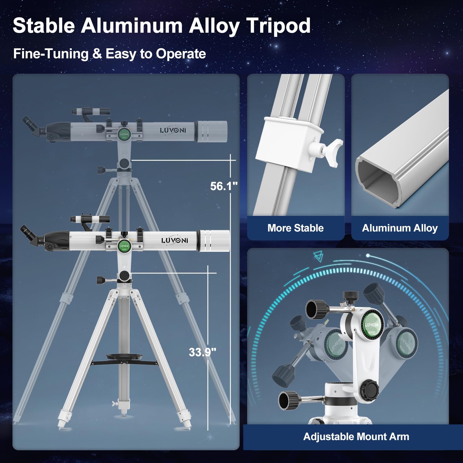 LUVONI Telescope, 90mm Aperture 900mm Telescopes for Adults Astronomy with Fine-tuning AZ Tripod, Multi-coated High Transmission Professional Refractor Telescope with Slow-motion Knobs & Phone Adapter