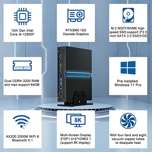 msecore Mini Gaming PC, Desktop Computer with Powerful i9-12900F 16 Cores Upto 5.1GHz, RTX3060 12G Graphics Card, 64G RAM 2T PCIE 4.0 SSD, Dual NIC, Optical, Four Display, WiFi 6, Windows 11 Pro