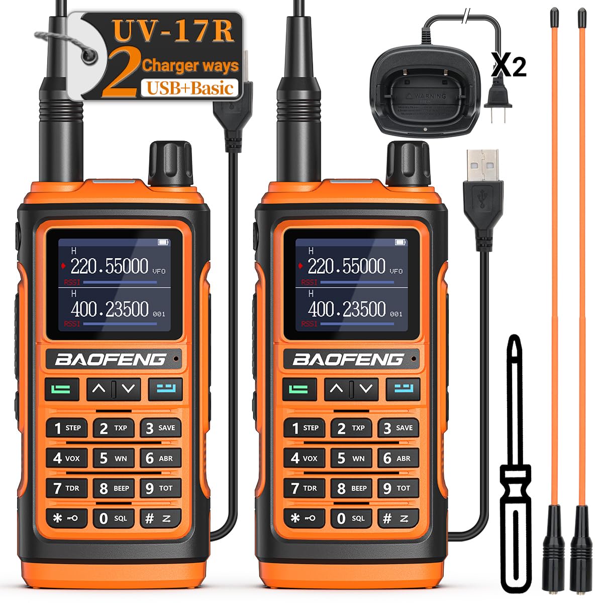 BAOFENG UV-17R Ham Radio Upgrade of baofeng UV-5R Long Range Two Way Radio Dual Band Walkie Talkie for Adults Dual Band USB Charger 999 Channels VOX with771 Antenna,Earpiece,Flashlight,Battery(2 Pack)