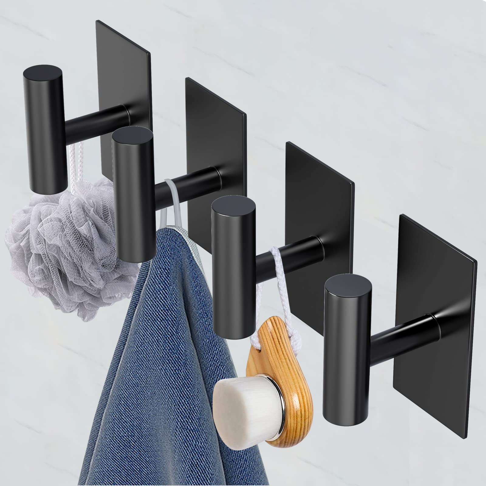 VAEHOLD Adhesive Hooks, Heavy Duty Wall Towel Hooks Stainless Steel Door Hooks for Hanging Coat, Hat, Towel, Robe, Key, Clothes, Closet Hook Wall Mount for Kitchen, Bathroom (Black)