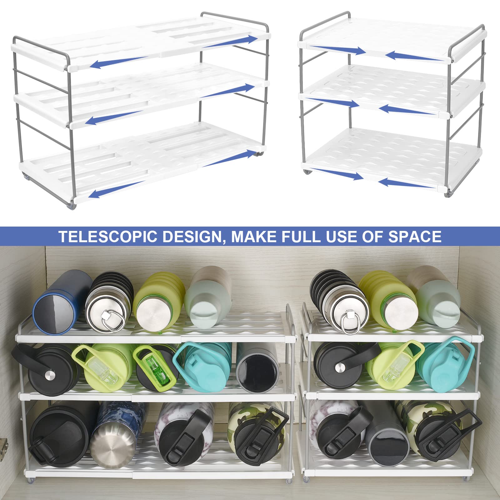 Expandable Water Bottle Organizer for Cabinet, Height & Width Adjustable Water Bottle Storage Holder Rack Cup Organizer for Kitchen Countertop, Pantry, Fridge, Freezer - (3 Tier 10.6 to 16.5"L)