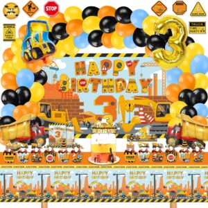 construction birthday party supplies for 3, 136 pcs dump truck party decorations for boys baby,backdrop, banner, cake, and cupcake toppers, balloons, party traffic signs, tablecloth