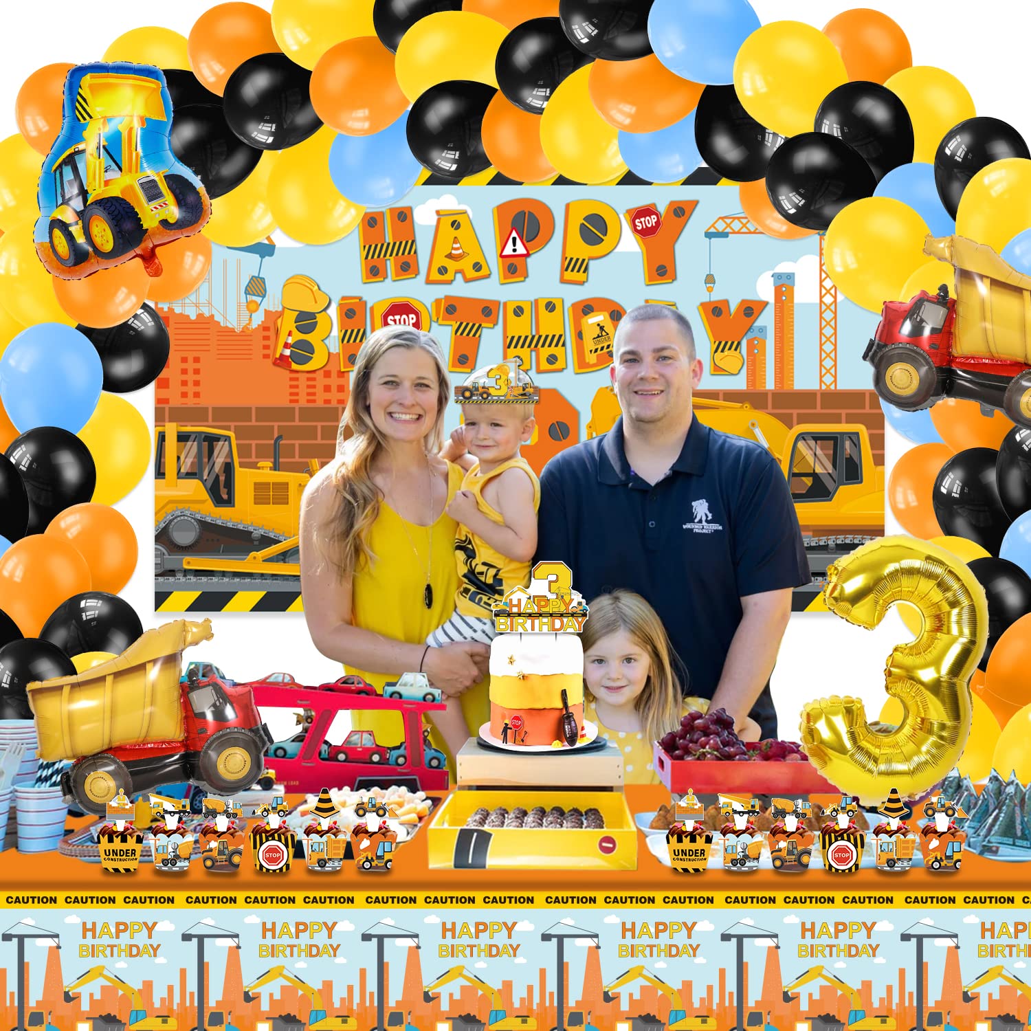 Construction Birthday Party Supplies for 3, 136 Pcs Dump Truck Party Decorations for Boys Baby,Backdrop, Banner, Cake, and Cupcake Toppers, Balloons, Party Traffic Signs, Tablecloth