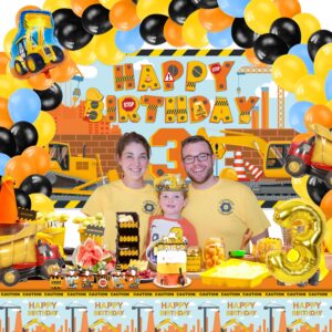 Construction Birthday Party Supplies for 3, 136 Pcs Dump Truck Party Decorations for Boys Baby,Backdrop, Banner, Cake, and Cupcake Toppers, Balloons, Party Traffic Signs, Tablecloth