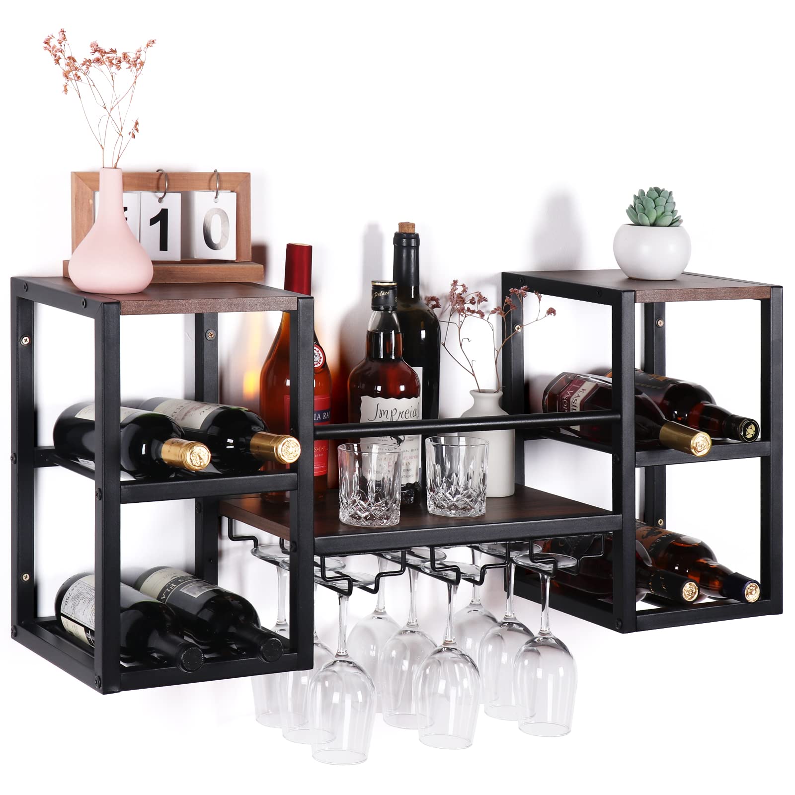 CRUDATE Hanging Wine Rack Wall Mounted, Floating Liquor Bottle Shelf with 3 Team Glass Holder Wine Shelf Bar Shelves Stemware Rack for Wall Wine Storage Display Rack for Home Bar Dining Room Kitchen