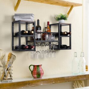 CRUDATE Hanging Wine Rack Wall Mounted, Floating Liquor Bottle Shelf with 3 Team Glass Holder Wine Shelf Bar Shelves Stemware Rack for Wall Wine Storage Display Rack for Home Bar Dining Room Kitchen