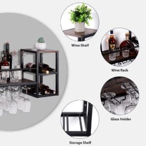 CRUDATE Hanging Wine Rack Wall Mounted, Floating Liquor Bottle Shelf with 3 Team Glass Holder Wine Shelf Bar Shelves Stemware Rack for Wall Wine Storage Display Rack for Home Bar Dining Room Kitchen