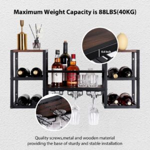 CRUDATE Hanging Wine Rack Wall Mounted, Floating Liquor Bottle Shelf with 3 Team Glass Holder Wine Shelf Bar Shelves Stemware Rack for Wall Wine Storage Display Rack for Home Bar Dining Room Kitchen