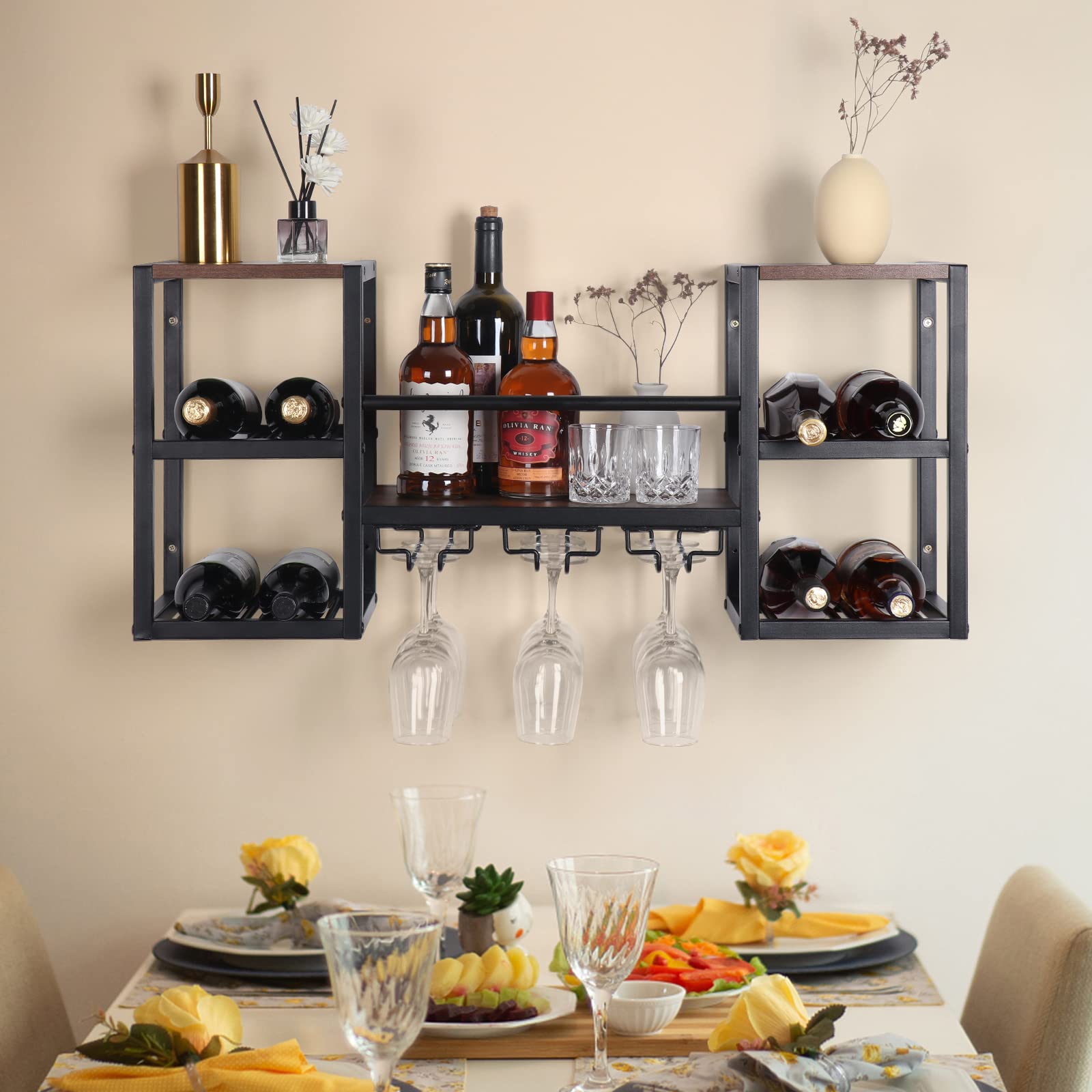 CRUDATE Hanging Wine Rack Wall Mounted, Floating Liquor Bottle Shelf with 3 Team Glass Holder Wine Shelf Bar Shelves Stemware Rack for Wall Wine Storage Display Rack for Home Bar Dining Room Kitchen