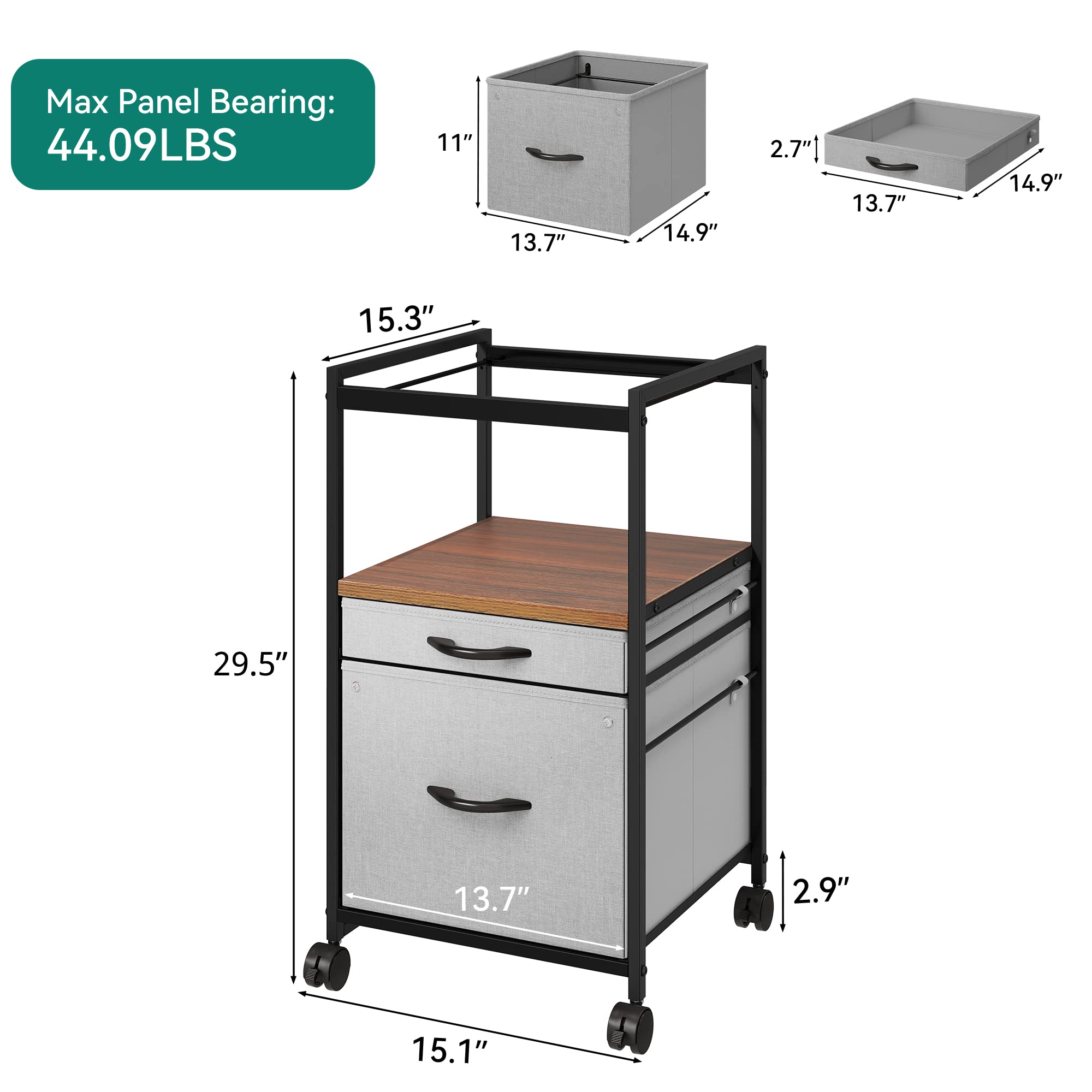 YITAHOME 2 Drawer Mobile File Cabinet, Vertical Fabric File Cabinet with Open Storage Shelf, Rolling Printer Stand for Home Office, Fits A4/Letter Size (Grey)