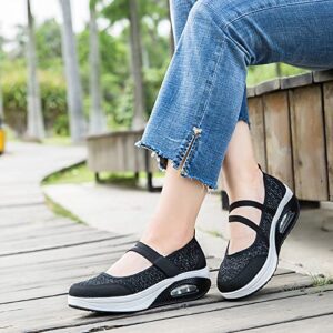 ihinzry Women's Air Cushion Nurse Shoes Comfortable Mesh Velcro Walking Shoes Outdoors Lightweight Breathable Slip On Sneakers (7,Black,Women)