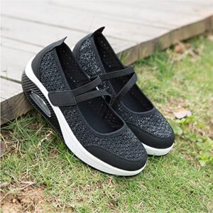 ihinzry Women's Air Cushion Nurse Shoes Comfortable Mesh Velcro Walking Shoes Outdoors Lightweight Breathable Slip On Sneakers (7,Black,Women)