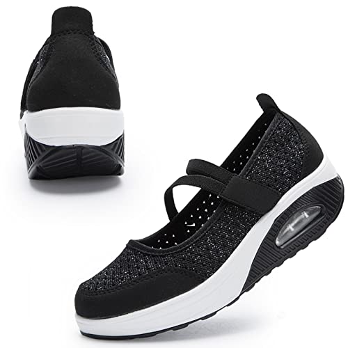 ihinzry Women's Air Cushion Nurse Shoes Comfortable Mesh Velcro Walking Shoes Outdoors Lightweight Breathable Slip On Sneakers (7,Black,Women)