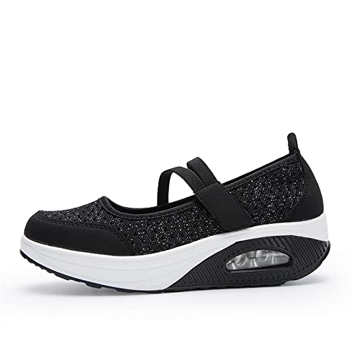 ihinzry Women's Air Cushion Nurse Shoes Comfortable Mesh Velcro Walking Shoes Outdoors Lightweight Breathable Slip On Sneakers (7,Black,Women)