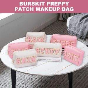 Burskit Preppy Patch Skincare Bag Travel Makeup Bag Varsity Letter Cosmetic Toiletry Cute Bag for Teen Girls PU Leather Portable Zipper Pouch Storage Purse Waterproof Organizer (Pink)