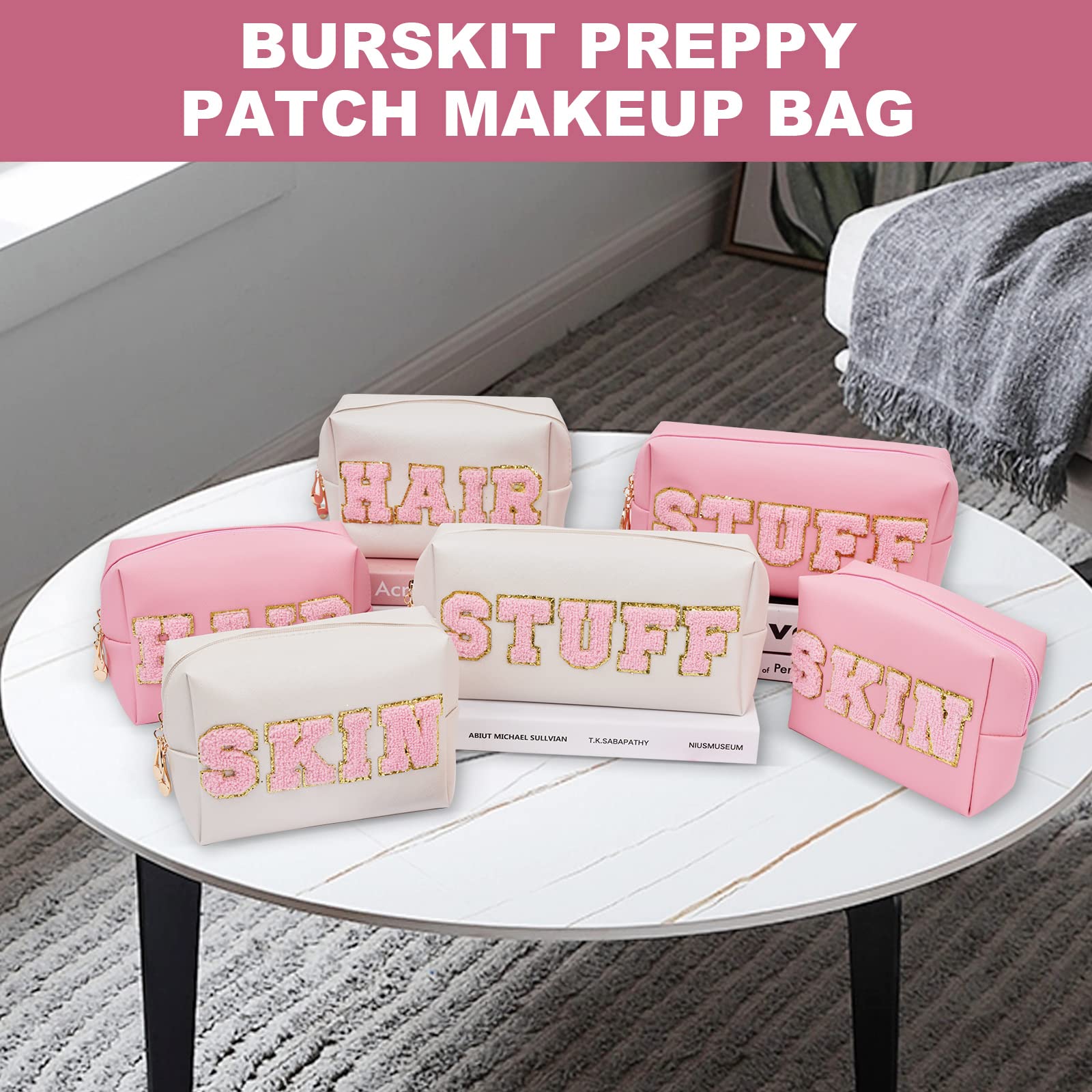 Burskit Preppy Patch Skincare Bag Travel Makeup Bag Varsity Letter Cosmetic Toiletry Cute Bag for Teen Girls PU Leather Portable Zipper Pouch Storage Purse Waterproof Organizer (Pink)