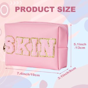 Burskit Preppy Patch Skincare Bag Travel Makeup Bag Varsity Letter Cosmetic Toiletry Cute Bag for Teen Girls PU Leather Portable Zipper Pouch Storage Purse Waterproof Organizer (Pink)