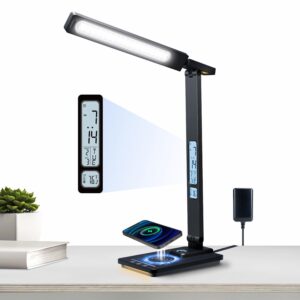 led desk lamp with wireless charger, desk lamps for home office with clock, alarm, date, temperature | desk light with night light, 45 min auto timer | touch control smart lamp for college, dorm