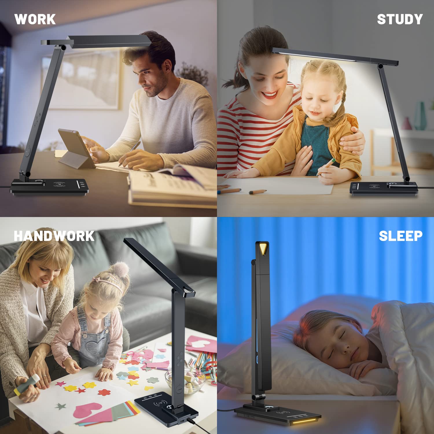 Led Desk Lamp with Wireless Charger, Desk Lamps for Home Office with Clock, Alarm, Date, Temperature | Desk Light with Night Light, 45 Min Auto Timer | Touch Control Smart Lamp for College, Dorm