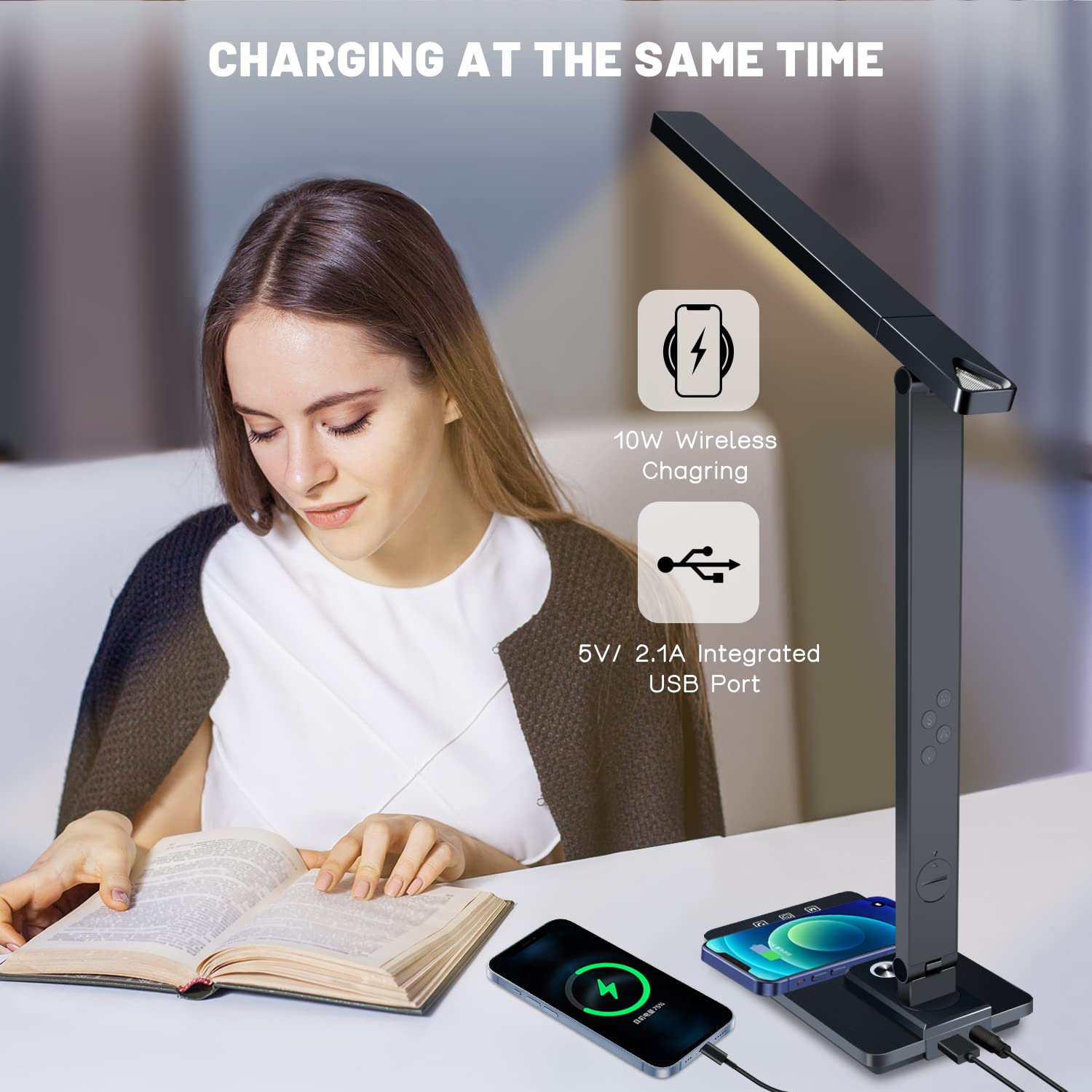 Led Desk Lamp with Wireless Charger, Desk Lamps for Home Office with Clock, Alarm, Date, Temperature | Desk Light with Night Light, 45 Min Auto Timer | Touch Control Smart Lamp for College, Dorm