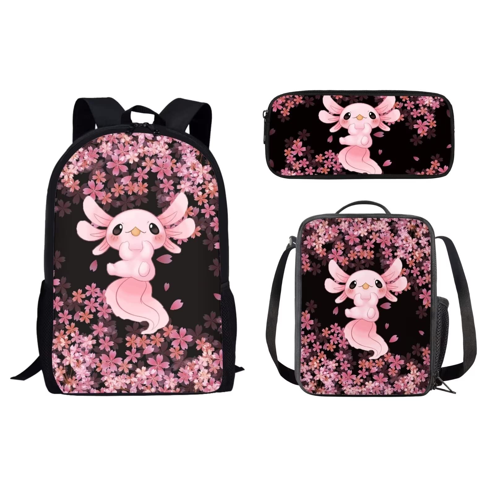 Biyejit Cartoon Axolotl Backpack with Pencil Pouch and Shoulder Bag, Pink Cherry Blossom 3 Piece Girls Backpack Combo Set with Lunch Bag