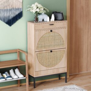 yechen shoe rack storage organizer with 2 natural semi-circular rattan doors, entryway wooden shoe cabinet for sneakers, leather shoes, high heels, slippers (1 piece, oak)