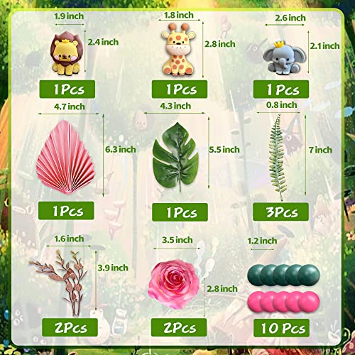 UFROMSKY 22pcs Safari Jungle Animal Cake Toppers Flower Balls Cake Decoration with Boho Palm Leave Forest Animal Toys and Artificial Flowers for Boys Girls Safari Theme Birthday Party Supplies