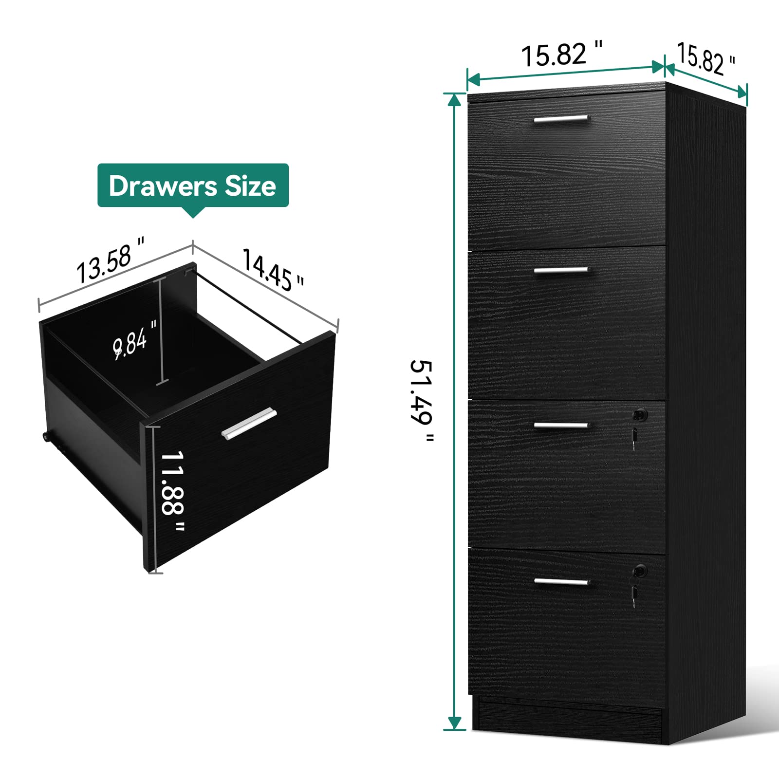 YITAHOME 4-Drawer File Cabinet with Lock, 15.86" Deep Vertical Filing Cabinet for Letter A4-Sized Files, Need to Assemble, Storage Cabinet for Home Office, Black