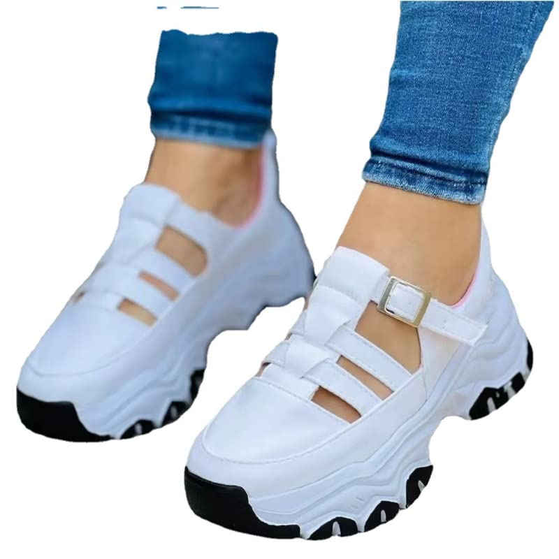 Platform Fashion Sneakers for Women,Woman Platform Sneakers Round Toe Suede Buckle Made for Daily Casual,White,36