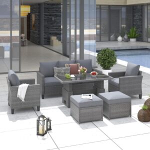 sunsitt outdoor patio furniture set 6 piece wicker conversation set with lift coffee table sectional dining set 3 seat sofa couch with ottoman, grey wicker & grey cushion