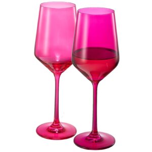 hot pink wine glasses | set of 2 | magenta & blush pink classic crystal glassware, unique barware glasses for red and white, cocktails, champagne, wine - unique gift for wine lovers (12 oz)