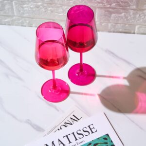 Hot Pink Wine Glasses | Set of 2 | Magenta & Blush Pink Classic Crystal Glassware, Unique Barware Glasses For Red and White, Cocktails, Champagne, Wine - Unique Gift For Wine Lovers (12 OZ)