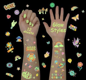 groovy 70s temporary tattoos, glow in the dark styles for kids,flower power & hippie stickers,birthday party supplies & favors for girls