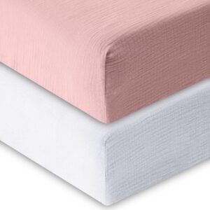 muslin crib sheets, 100% cotton baby crib sheets for standard crib mattress & toddler bed mattress (52"x 28"), ultra soft & breathable baby sheets, 2 pack