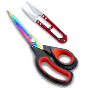 homengg premium fabric scissors for cutting clothes 9.5 inches, ultra sharp fabric scissors sewing titanium coated forged stainless steel tailor scissors with thread cutter (red/black)