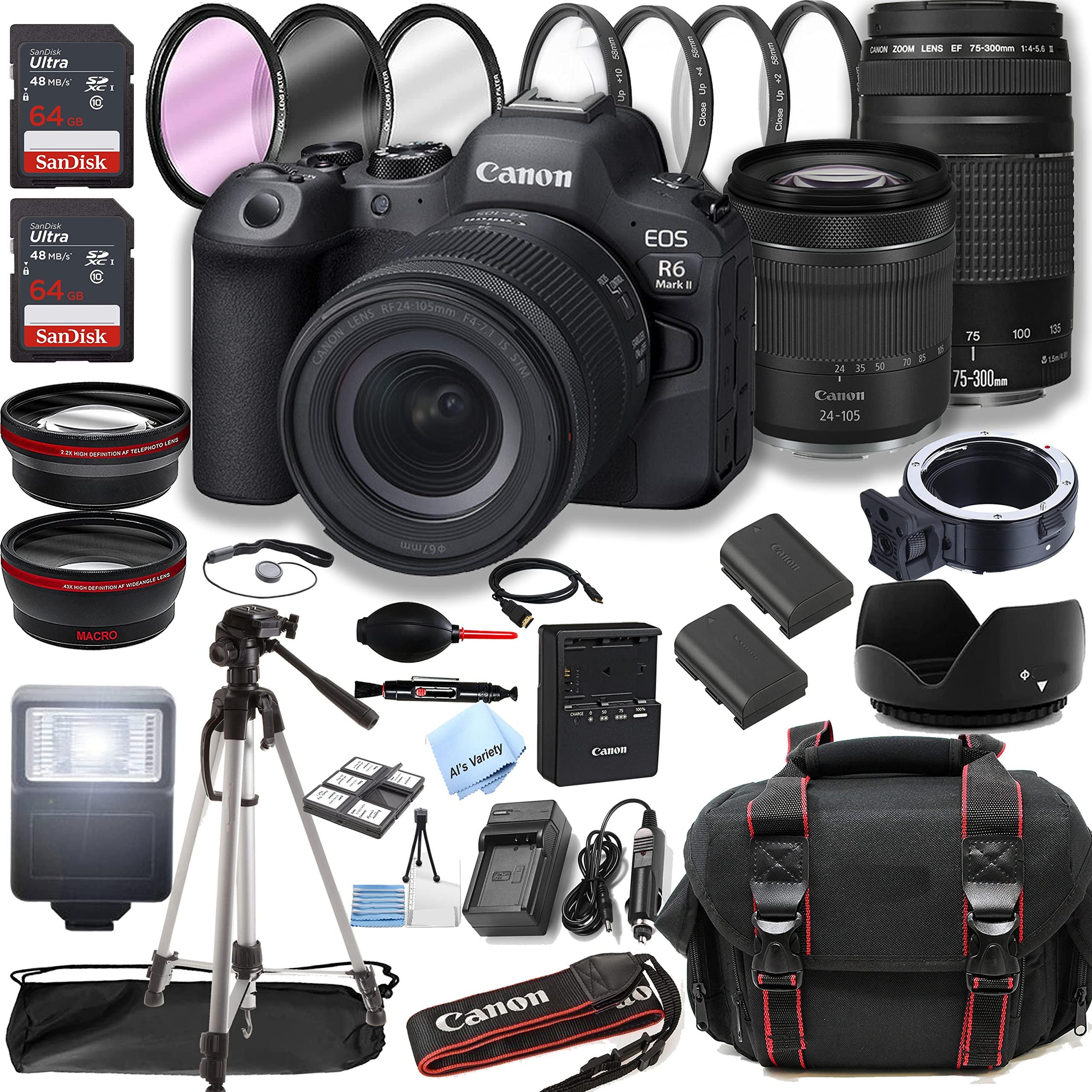 Canon EOS R6 Mark II Mirrorless Digital Camera with RF 24-105mm f/4-7.1 STM Lens + 75-300mm F/4-5.6 III Lens + 128GB Memory + Case + Tripod + Filters (41pc Bundle)