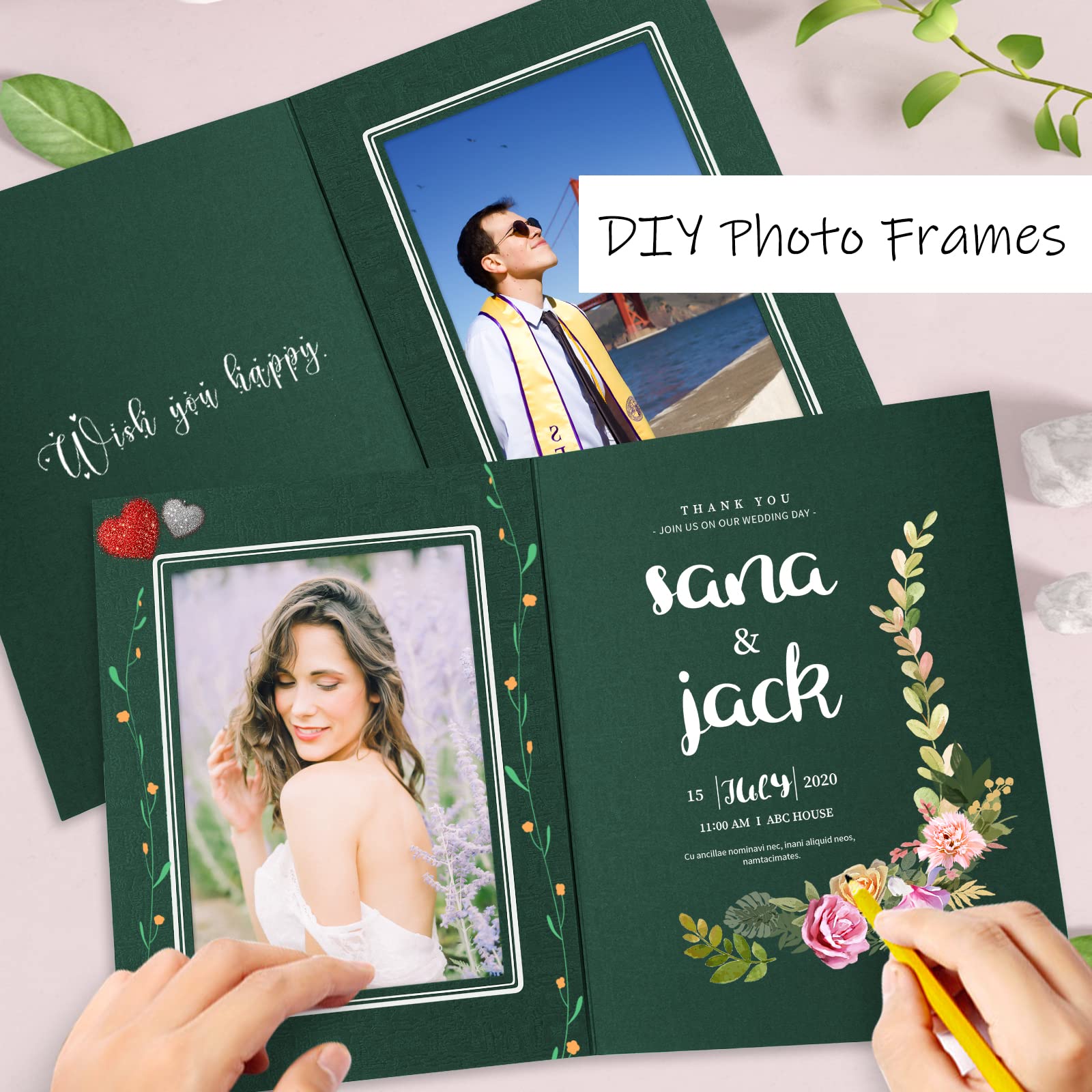 AUEAR, Pack of 25, 5X7 Photo Folders, Atrovirens with Gold Lining, Cardboard Picture Frame for Special Events: Wedding, Graduation, Christmas