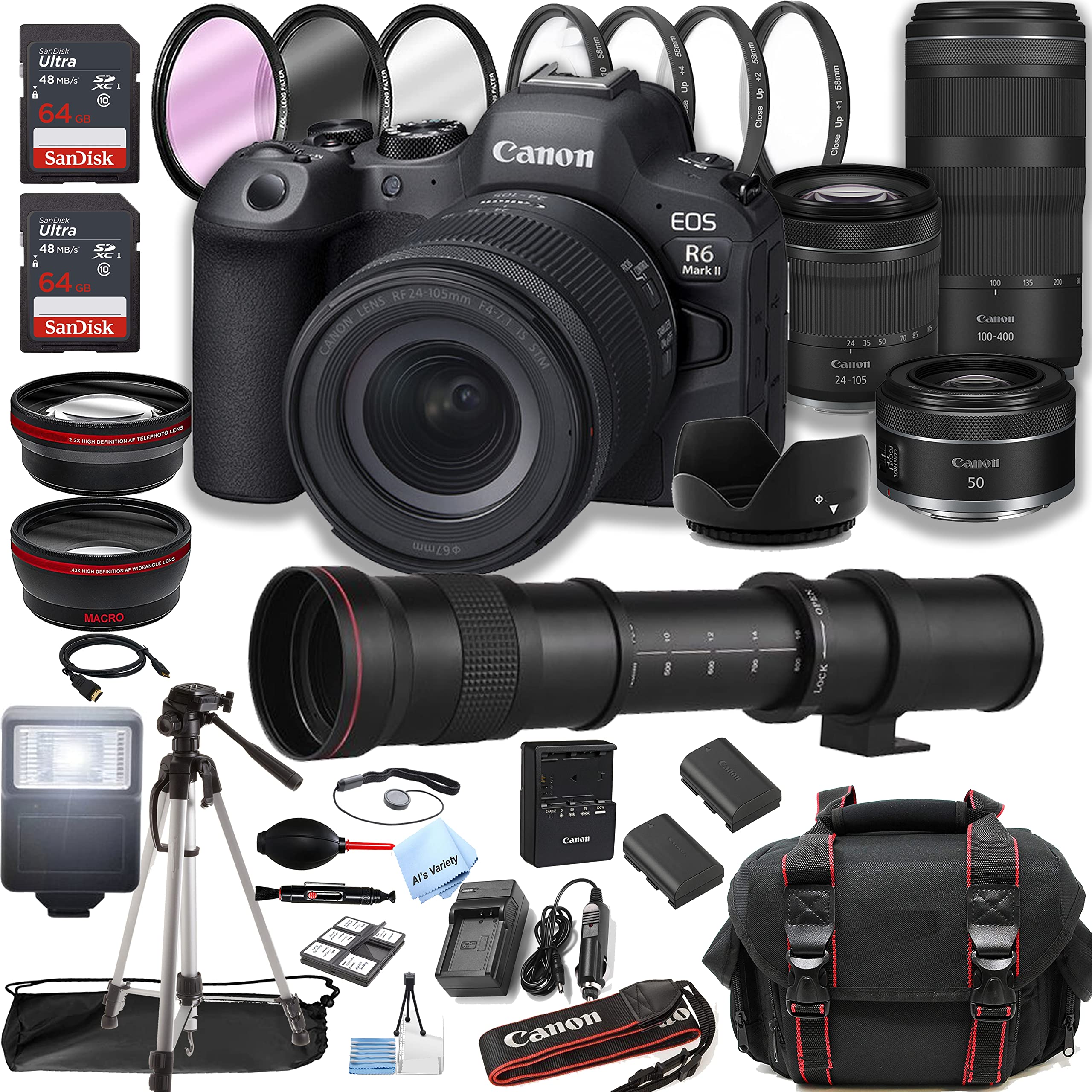 Canon EOS R6 Mark II Mirrorless Digital Camera with RF 24-105mm STM Lens + RF 100-400mm is USM Lens + 50mm STM Lens +420-800mm Telephoto Lens + 128GB Memory + Case + Tripod + Filters (45pc Bundle)