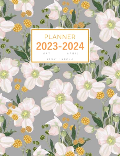 Planner 2023-2024: 8.5 x 11 Weekly and Monthly Organizer from May 2022 to April 2023 | Anemone Flower and Herb Design Gray