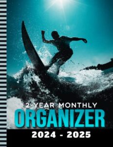2-year monthly organizer 2024-2025: 8.5x11 large dated monthly schedule with 100 blank college-ruled paper combo / 24-month life organizing gift / surfer on ocean wave - abstract surfing art cover