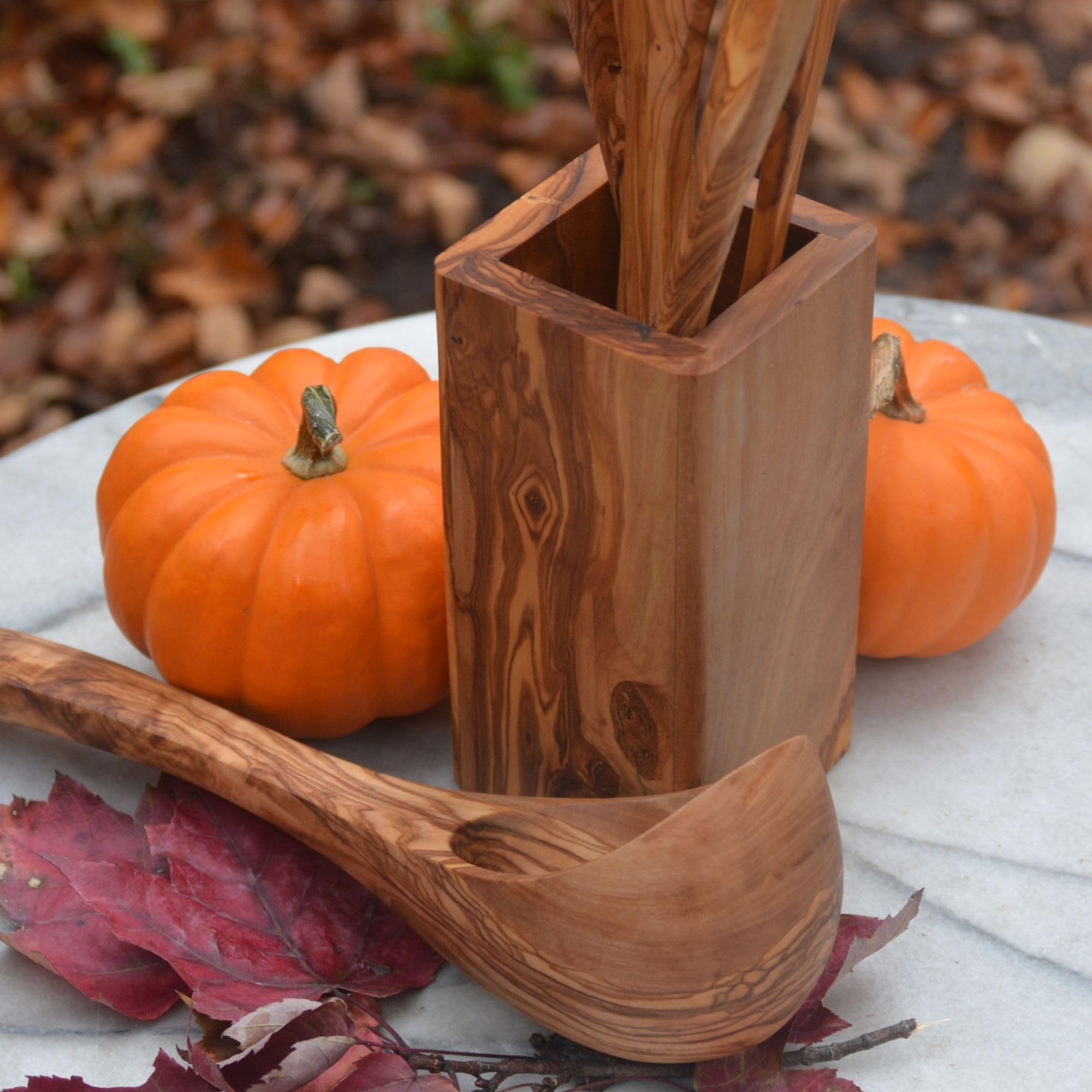 The Live Edge - Olive Wood kitchen utensil holder for countertop | large cooking wooden utensil holder for kitchen counter | Rustic wooden Spoon organizer and Spatula Holder | Cooking tools Holder