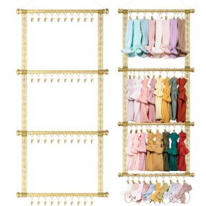 cn headband organizer holder for baby girls, bow holder for girls hair bows,hair accessories hanger boho ribbon storage with 40 gold clips for nursery hanging room decor for wall (gold)