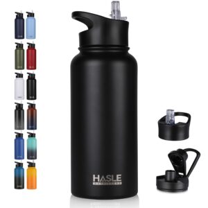 hasle outfitters 32 oz insulated water bottle stainless steel double walled vacuum sports water bottle with 2 lids (straw and spout lid) for gym camping hiking(black,1)