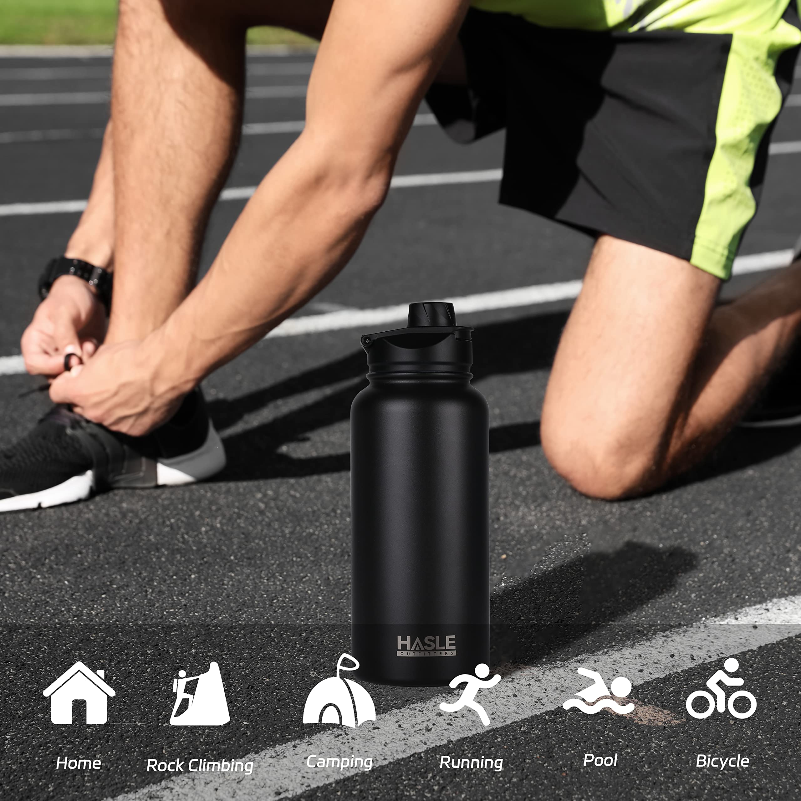 HASLE OUTFITTERS 32 oz Insulated Water Bottle Stainless Steel Double Walled Vacuum Sports Water Bottle with 2 Lids (Straw and Spout Lid) for Gym Camping Hiking(Black,1)