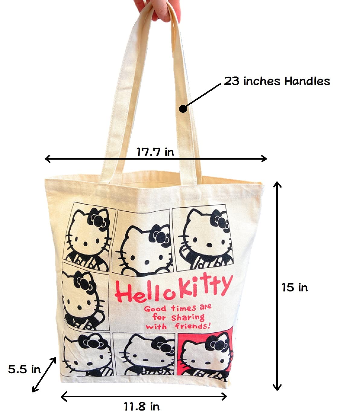 Friend Sanrio Hello Kitty Cute Tote Bag, Shopping Bag, Gym Bag, Kitchen Reusable Grocery Bag, Japan Quality and Japan Technology surpervised by EITAI Japan, 15 in(H) x 11.8 in(L) x 5.5 in(W)