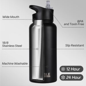 HASLE OUTFITTERS 32 oz Insulated Water Bottle Stainless Steel Double Walled Vacuum Sports Water Bottle with 2 Lids (Straw and Spout Lid) for Gym Camping Hiking(Black,1)