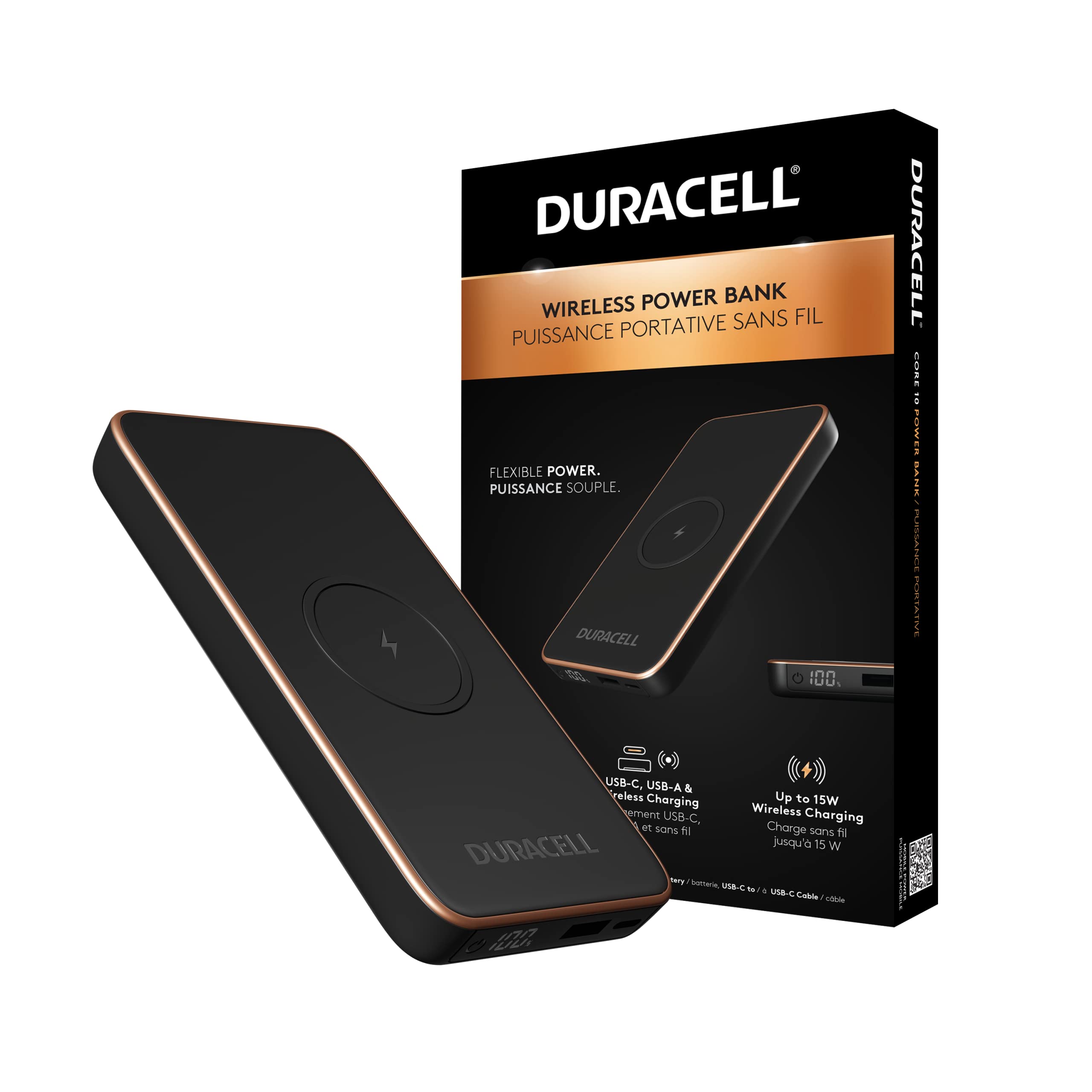 DURACELL Core 10 Portable Charger | Wireless 10,000mAh Power Bank | Portable Charger for iPhone, iPad, Android and More | Charge 3 Devices One Time- USB-C + USB-A + Wireless Charging