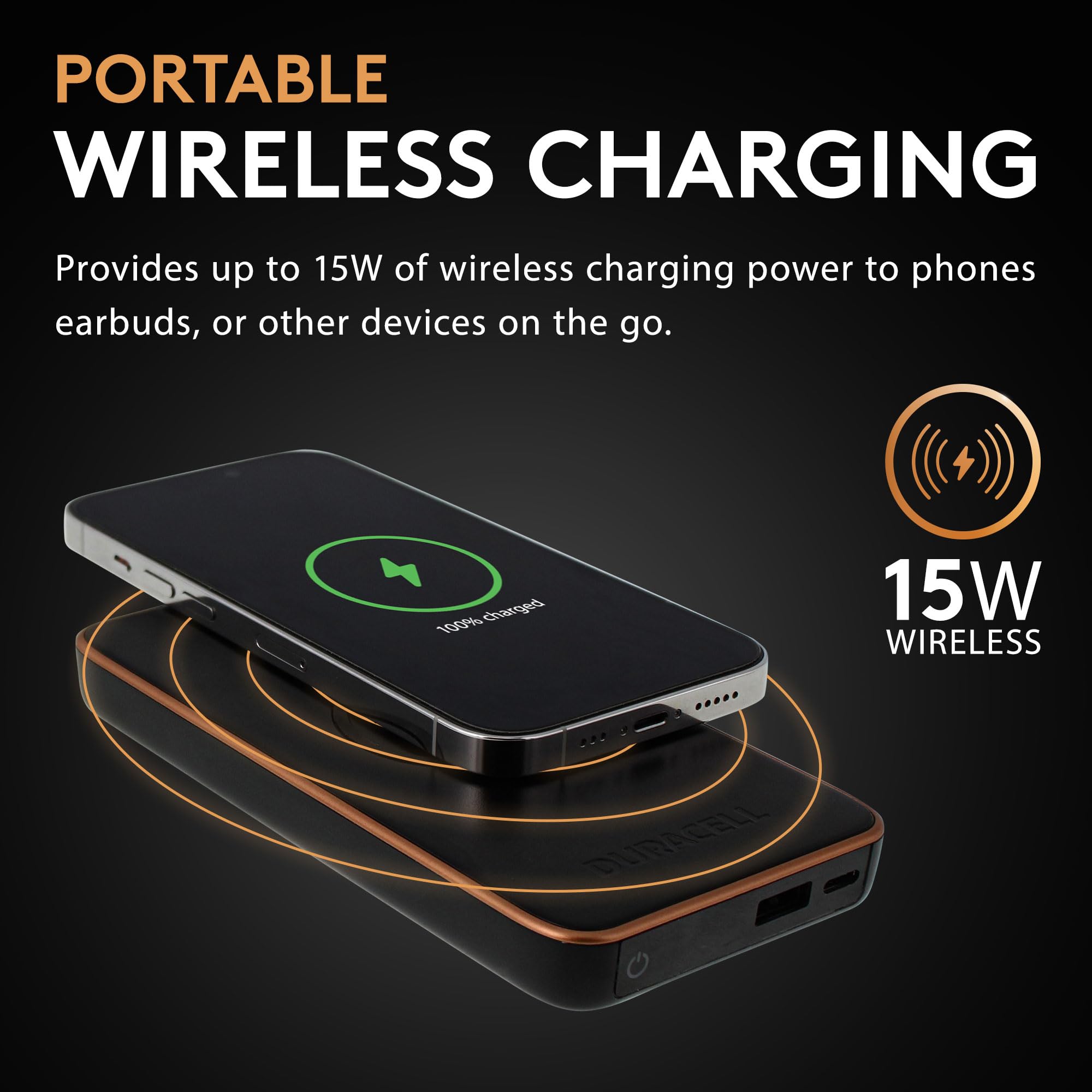 DURACELL Core 10 Portable Charger | Wireless 10,000mAh Power Bank | Portable Charger for iPhone, iPad, Android and More | Charge 3 Devices One Time- USB-C + USB-A + Wireless Charging