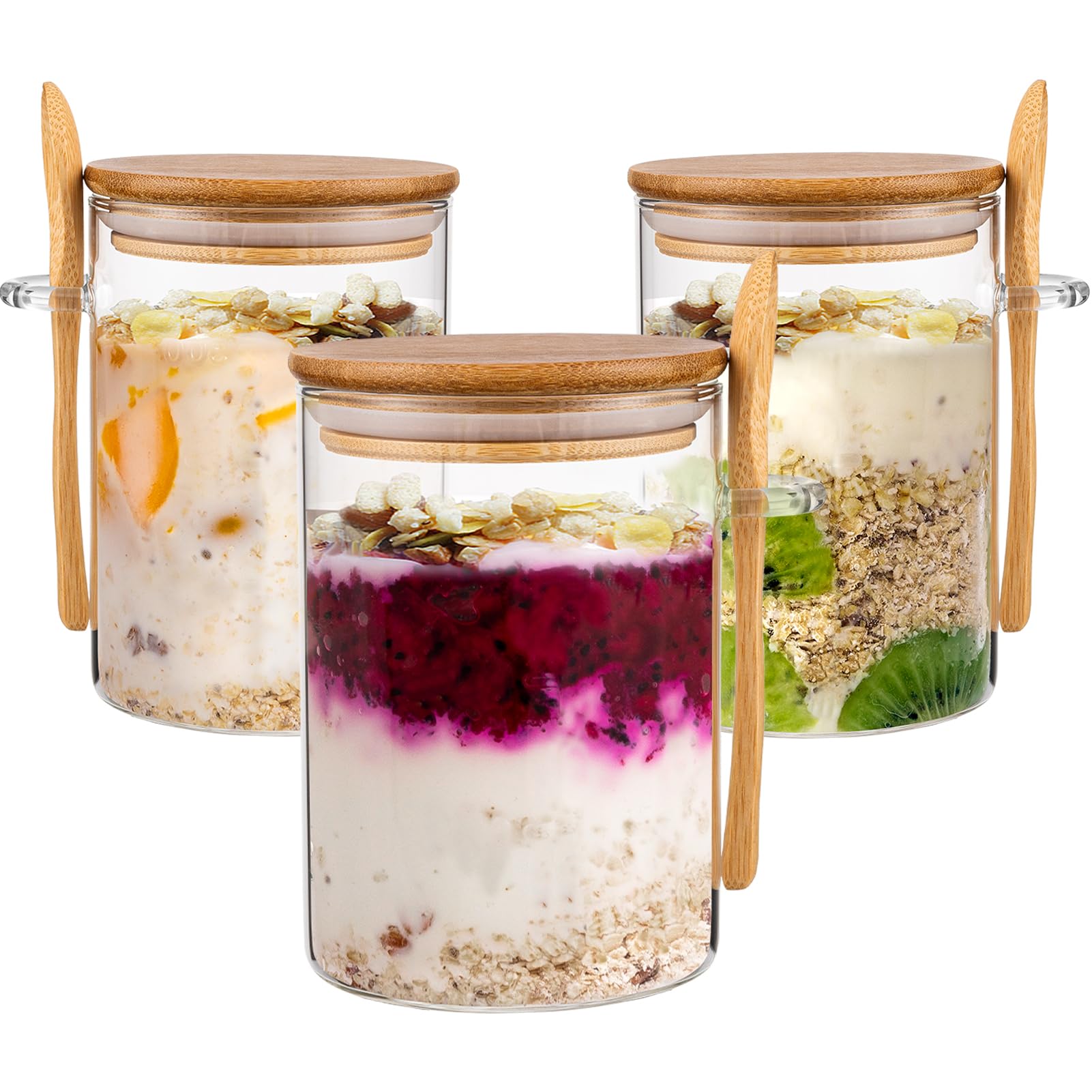 Famyards Glass Jars with Bamboo Airtight Lid and Spoon, Overnight Oats Containers with Lids, Decorative and Durable 17 Oz Kitchen Glass Canisters for Coffee Beans, Matcha, Flour, Sugar, Nuts, 3 Pcs