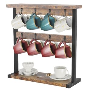 oropy wood coffee mugs holder for counter with 16 hooks, 2 tier mugs tree with top storage shelf, vintage countertop mug rack stand for home coffee bar storage and display